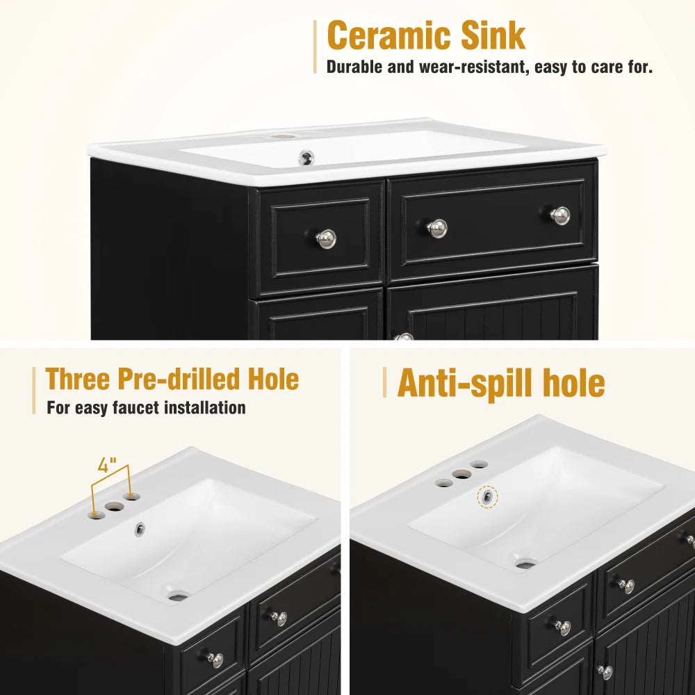 24 Inch Bathroom Vanity Cabinet Ceramic Sink 2 Drawers Storage