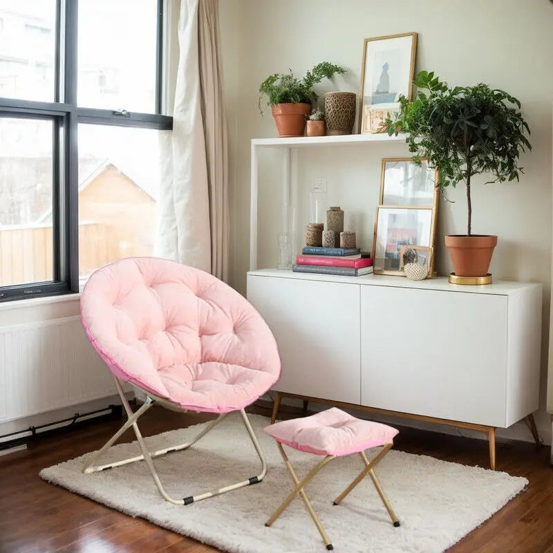 Ljustra Comfortable Faux Fur Saucer Chair Folding Lounge Chair Moon Shape