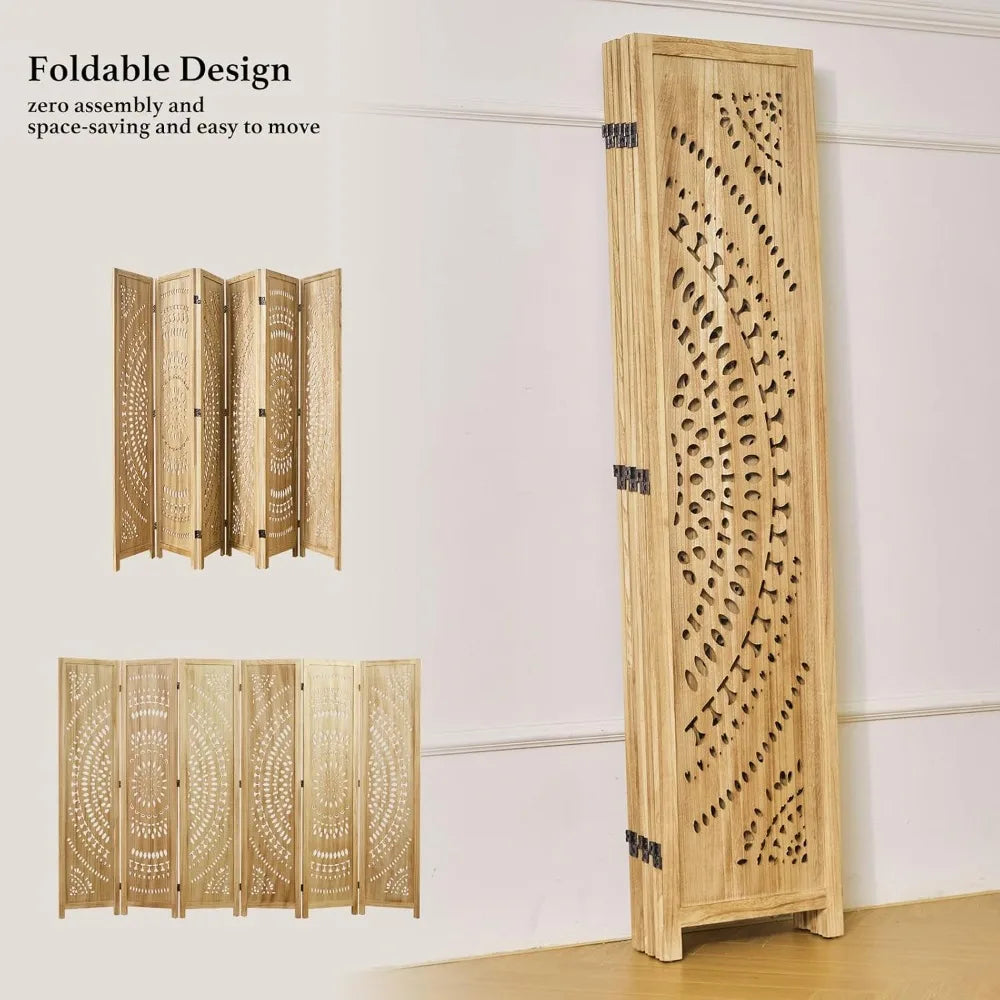 66.9Inch Folding Room Divider 6 Panels Wood Carved Privacy Screen