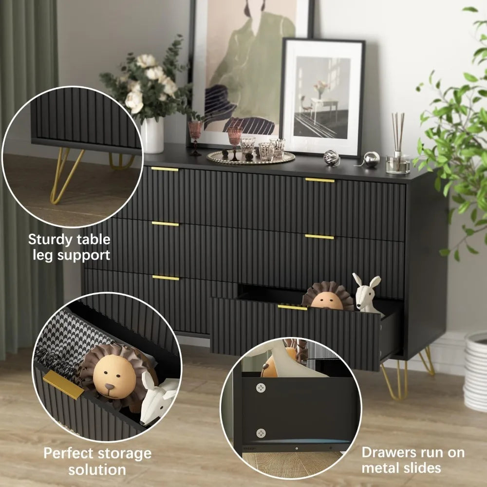 Modern 6 Drawer Dresser with Gold Handles for Bedroom and Living Room