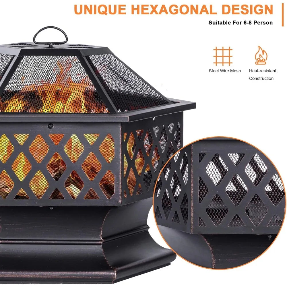 Outdoor Hexagon Fire Pit Wood Burning Patio Bonfire Camping 28 Inch