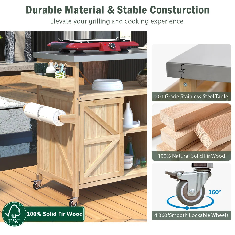 Outdoor Kitchen Island Rolling Bar Cart Storage Cabinet Grill Table