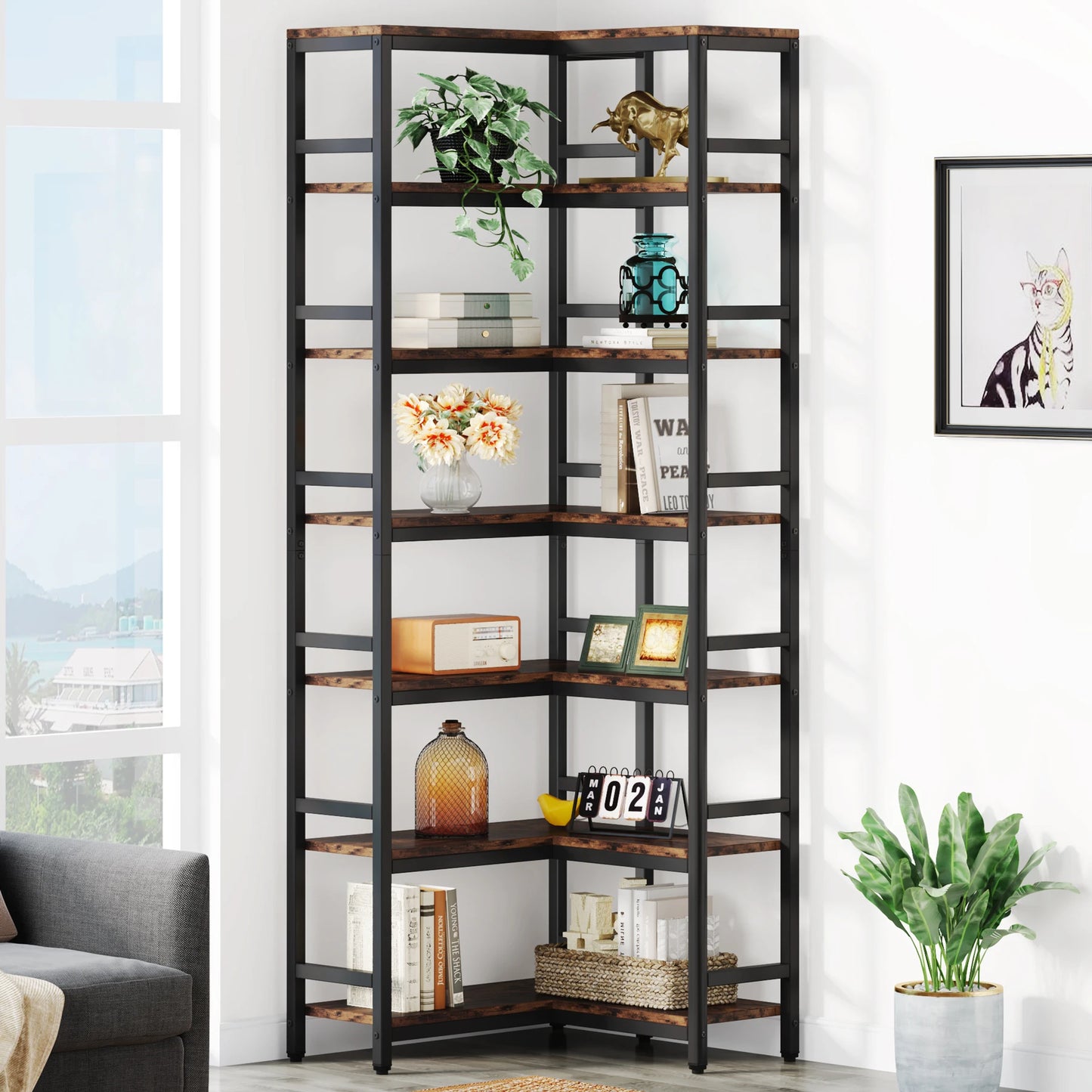 Ljustra 7-Shelf Corner Bookshelf Modern Corner Bookcase Storage Rack