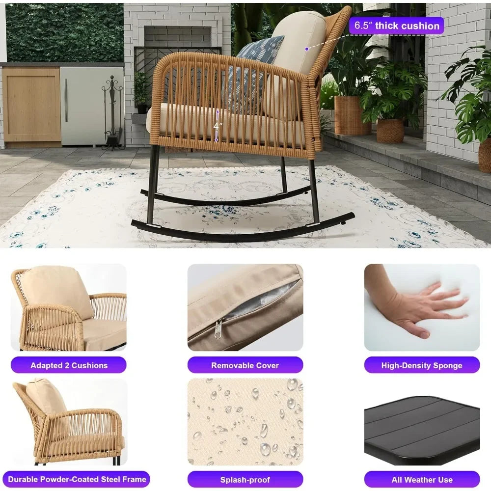 Boho Patio Rocking Chairs Set of 2 with Coffee Table Outdoor Furniture