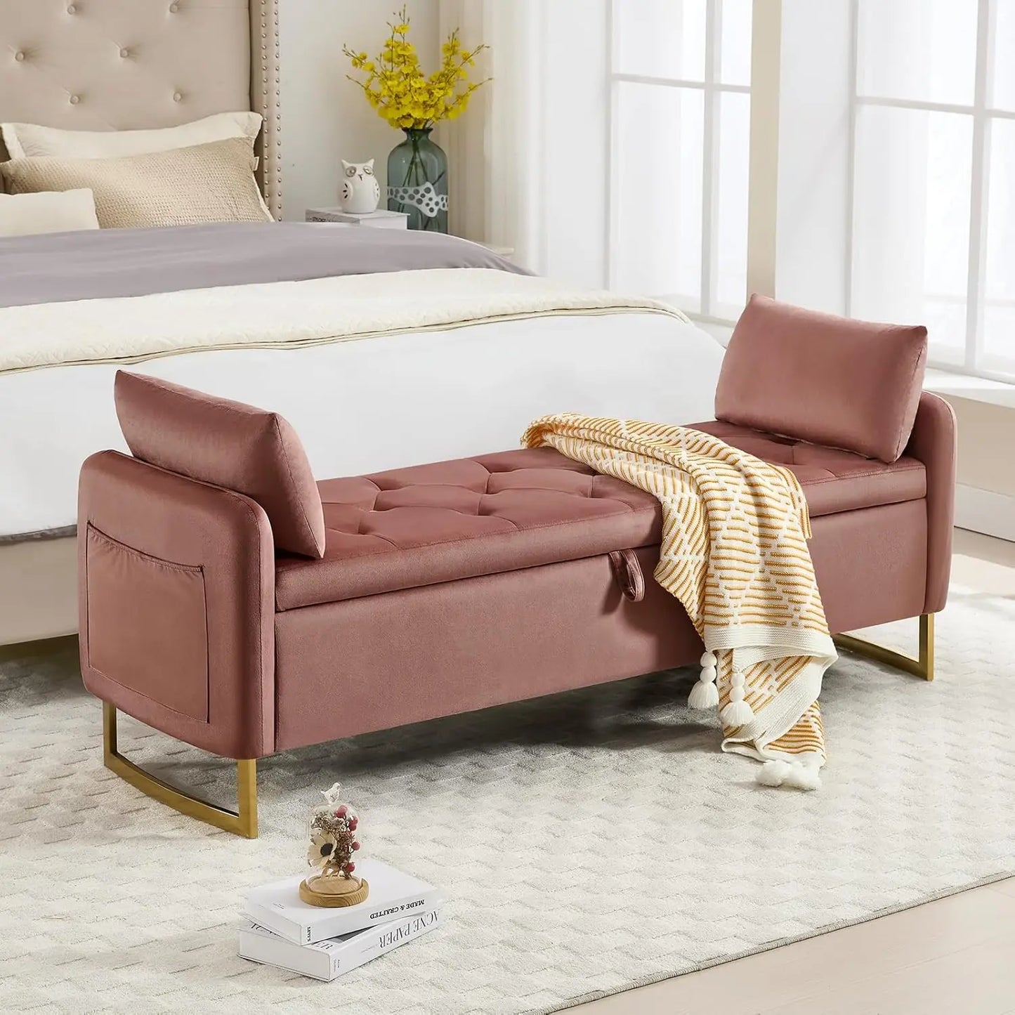 65 Inch Storage Ottoman Bench Tufted Upholstered End of Bed Furniture