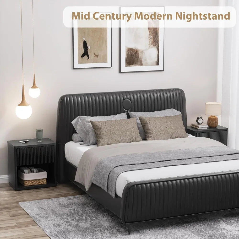 22.8" W Black Nightstand with Hidden Drawers Mid Century Modern Design