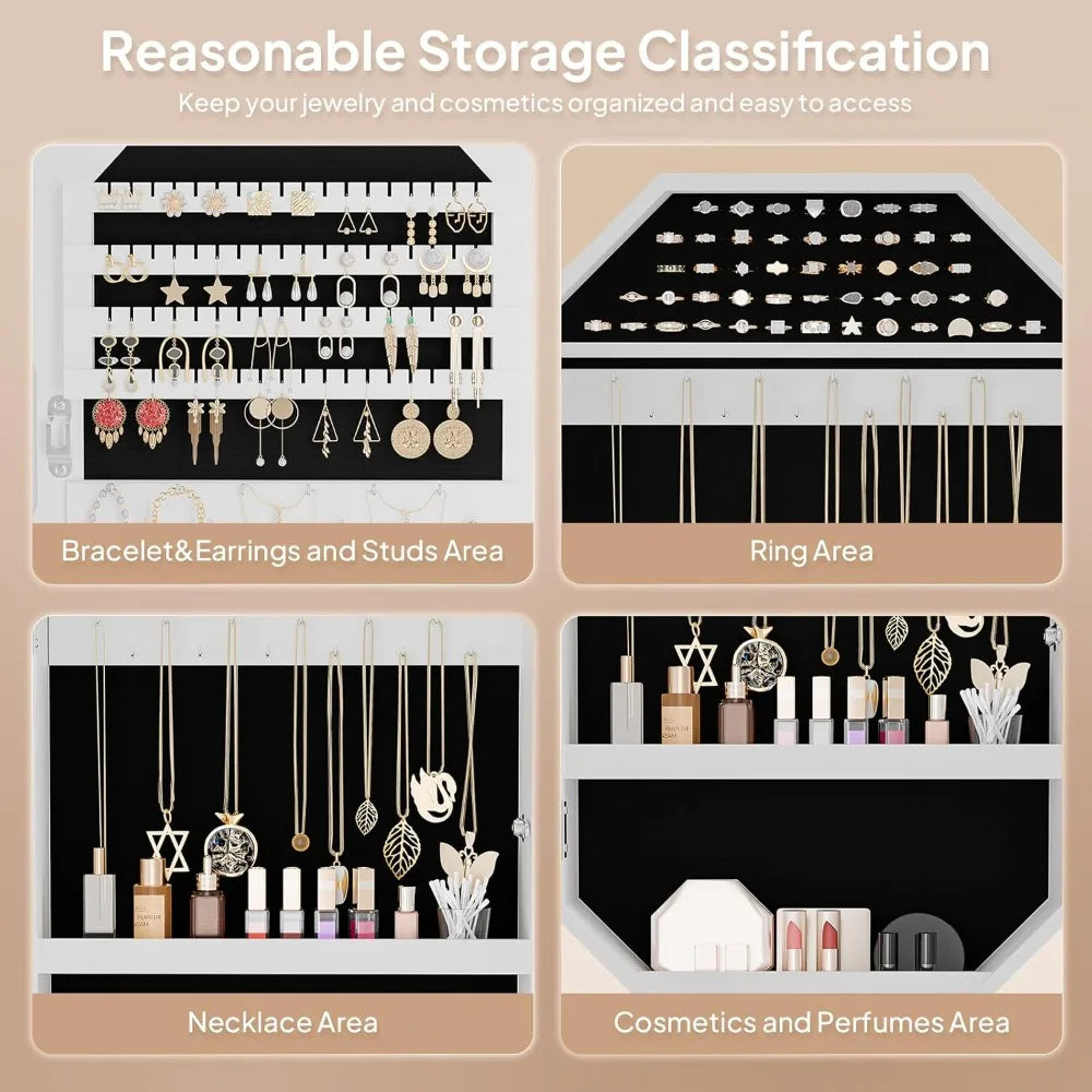 Modern Diamond Jewelry Armoire Lockable Wall Mounted Organizer with Mirror