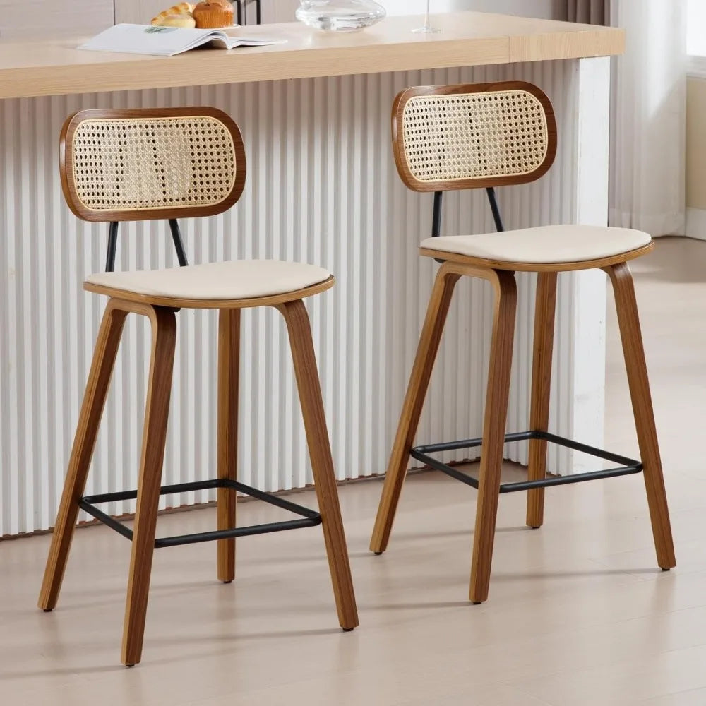 Modern Bar Stools Set of 2 Counter Height Rattan Back PU Upholstered