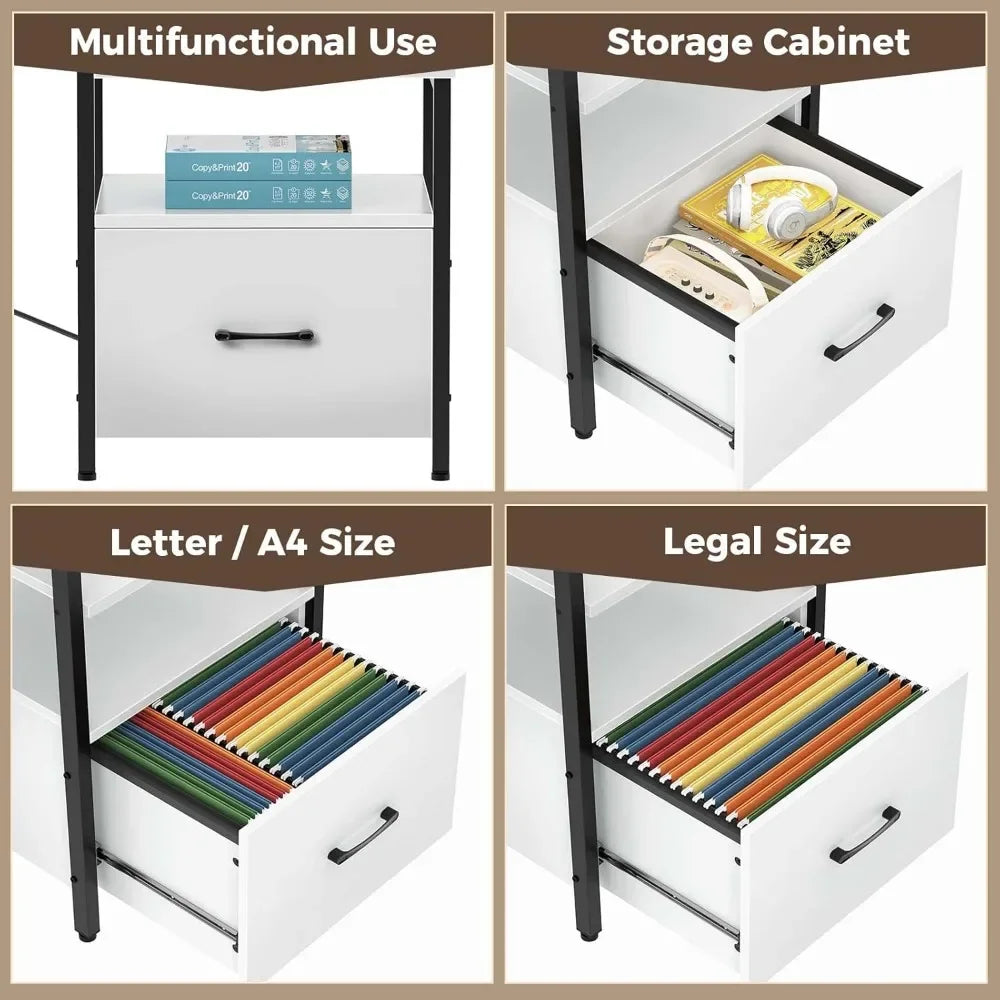 L Shaped Computer Desk with File Drawer Power Outlet LED Strip 64 Inch