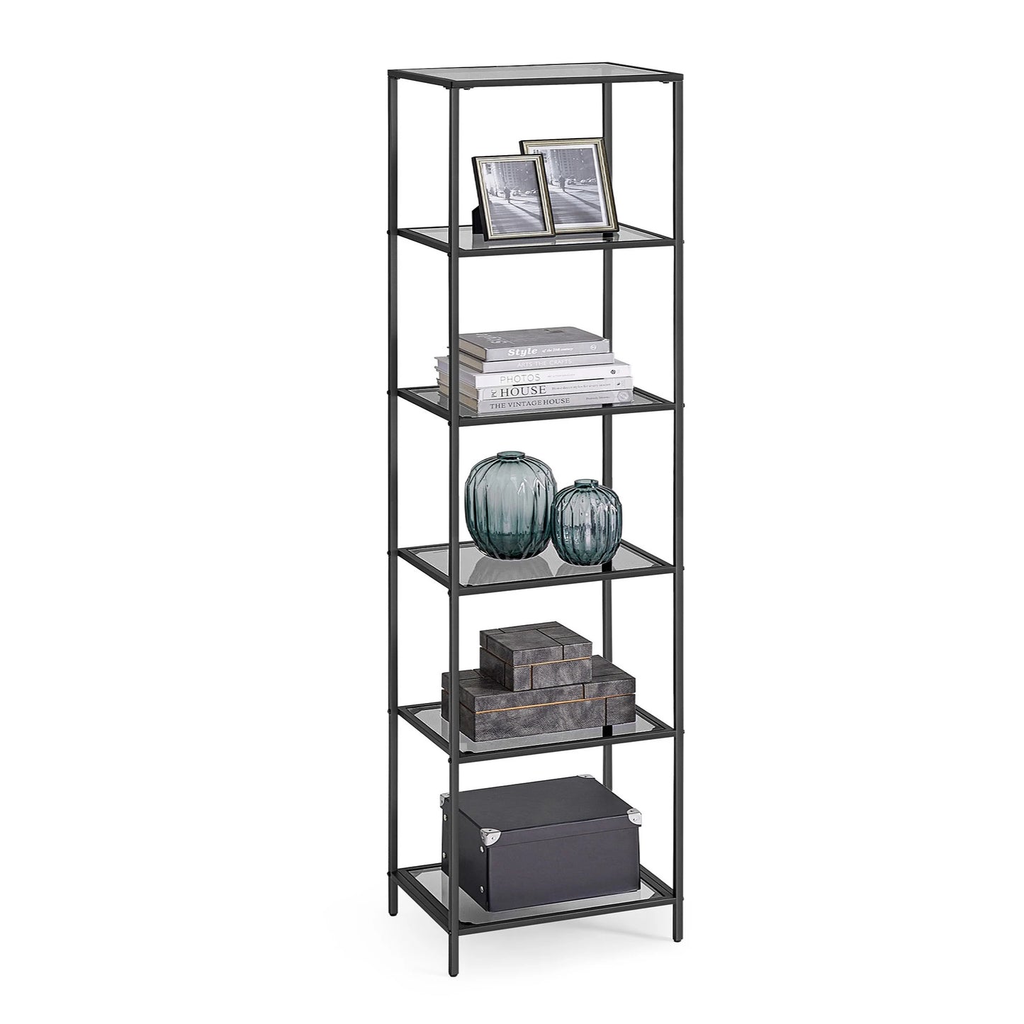 Ljustra 6-Tier Slim Bookshelf Tempered Glass Steel Frame Modern Design
