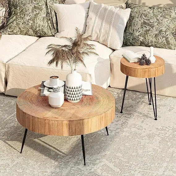 2-Piece Modern Farmhouse Living Room Coffee Table Set, Nesting Table Round Natural Finish with Handcrafted Wood Ring Pattern