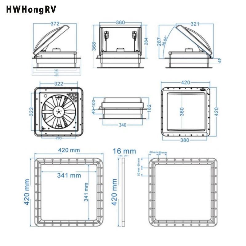 Ljustra RV Vent Fan With LED Light 5-Speed Reversible DC 12V Trailer