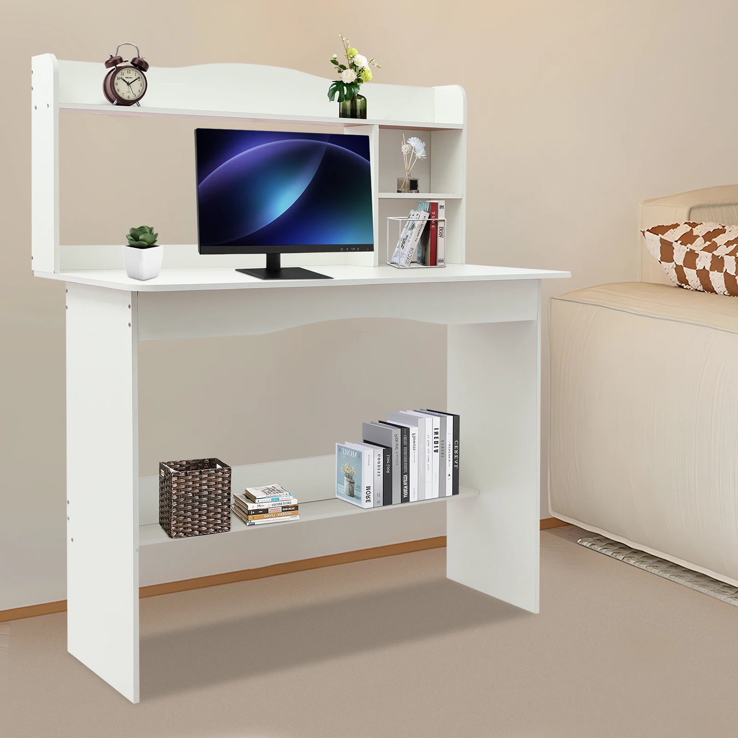 Modern Home Office Desk with Bookshelf Compact Study Desk for Small Spaces