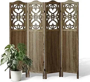 4 Panel Wood Carved Room Divider Folding Privacy Screen 5.6FT Tall