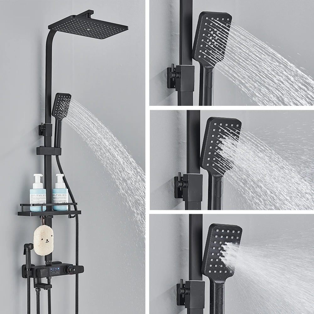 Black Digital Display Thermostatic Shower Faucet Rainfall Mixer Tap