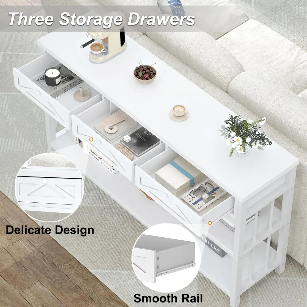 Modern White Entryway Table with 3 Drawers and Storage Shelf