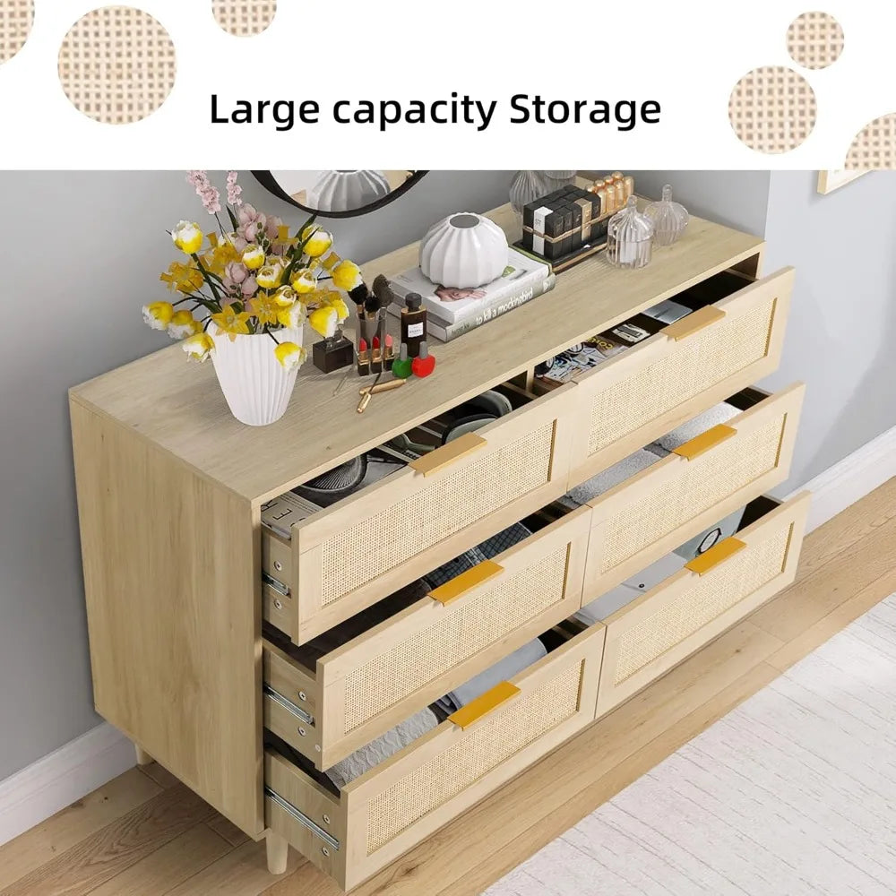 6 Drawer Rattan Dresser Modern Chest of Drawers Storage for Bedroom