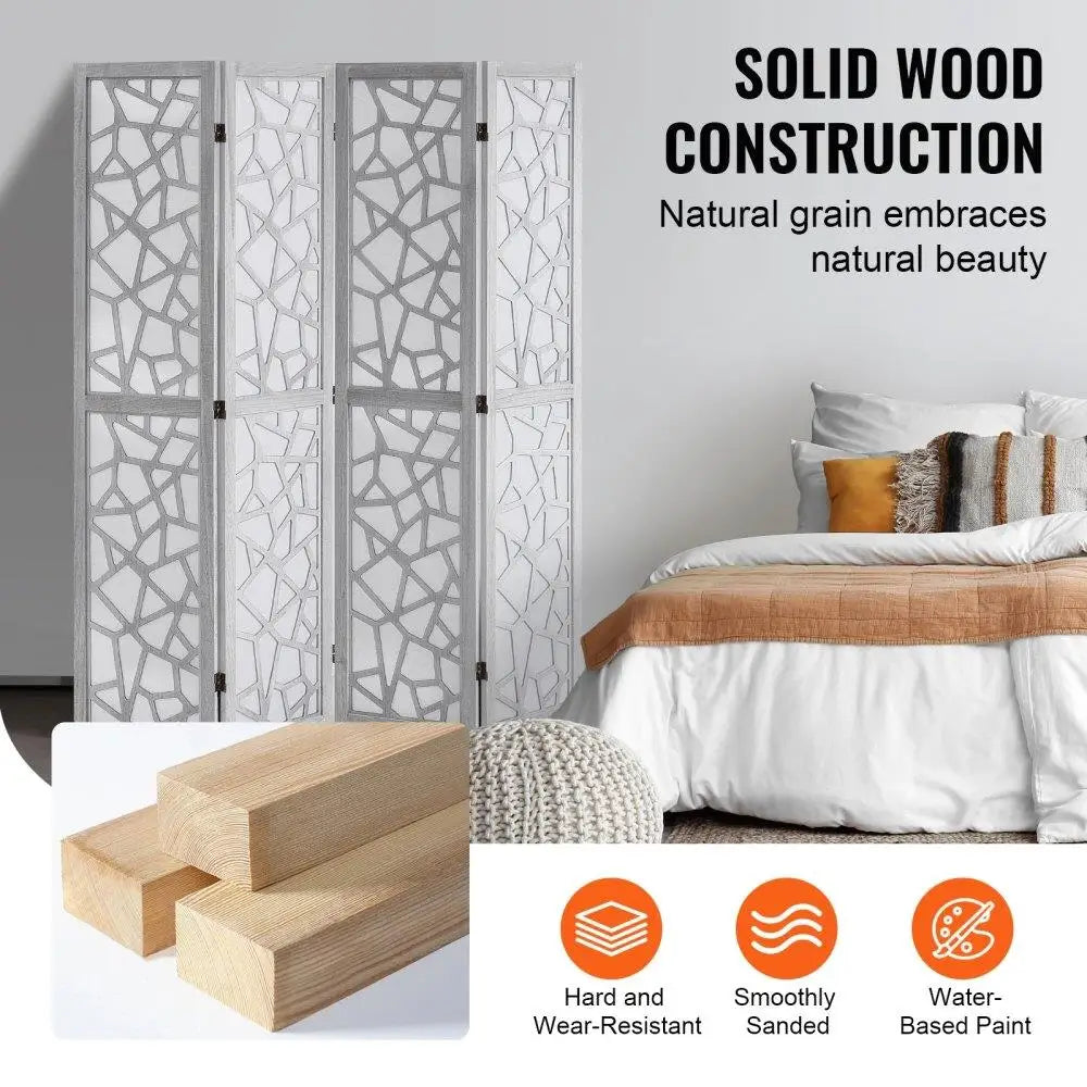 4 Panel Wood Folding Screen Carved Wooden Room Divider Privacy Partition