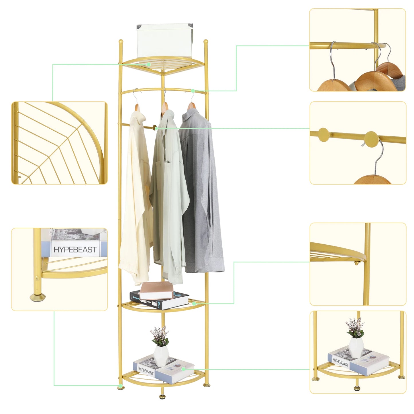 Metal Corner Coat Stand Free Standing Garment Rack with Storage Shelf