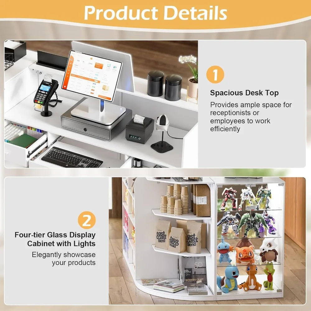 L-Shaped Reception Desk with Drawers and Transparent Display Case