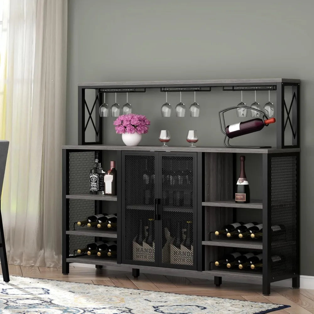 Bar Cabinet 55 Inch Coffee Bar Cabinet with Wine Rack Glass Holder