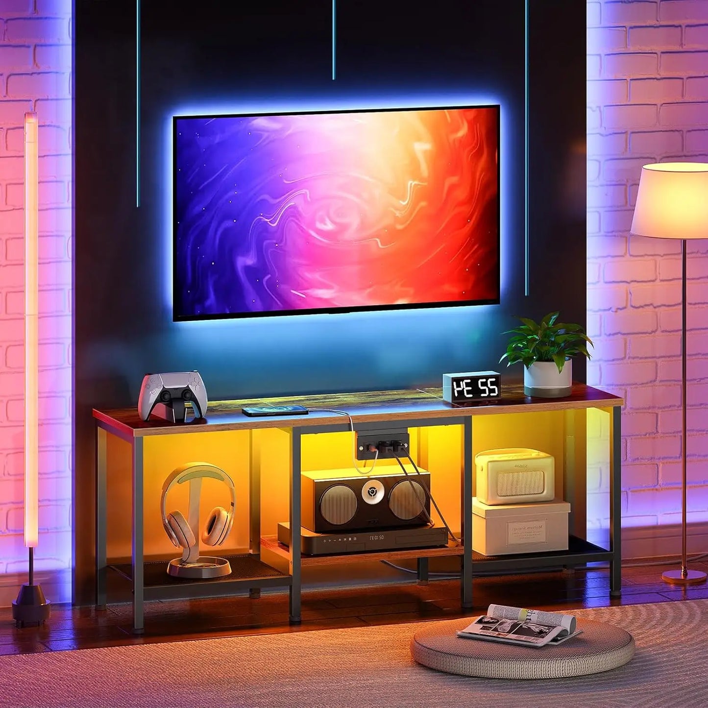 TV Stand with Charging Station LED Entertainment Center for 55 Inch TV