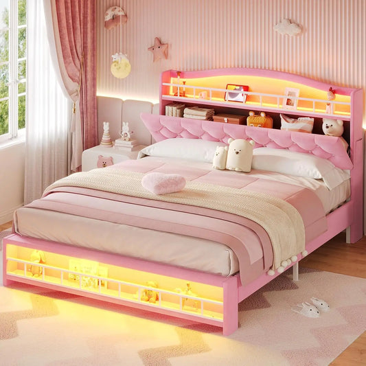 Queen Size Girls Bed with LED Lights and Charging Station Storage