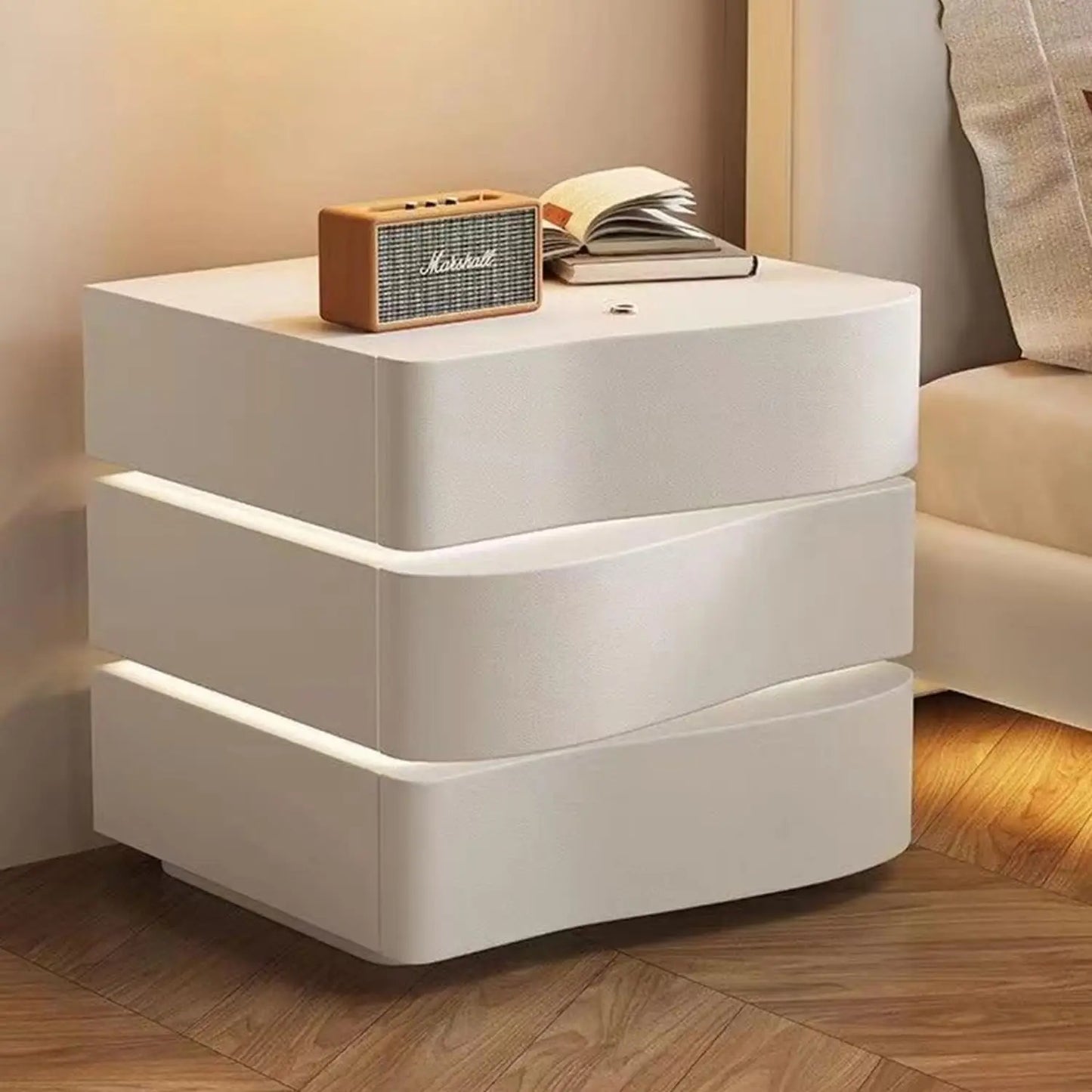 Solid Wood Nightstand with LED Tubes Modern Bedside Table 2 Drawers