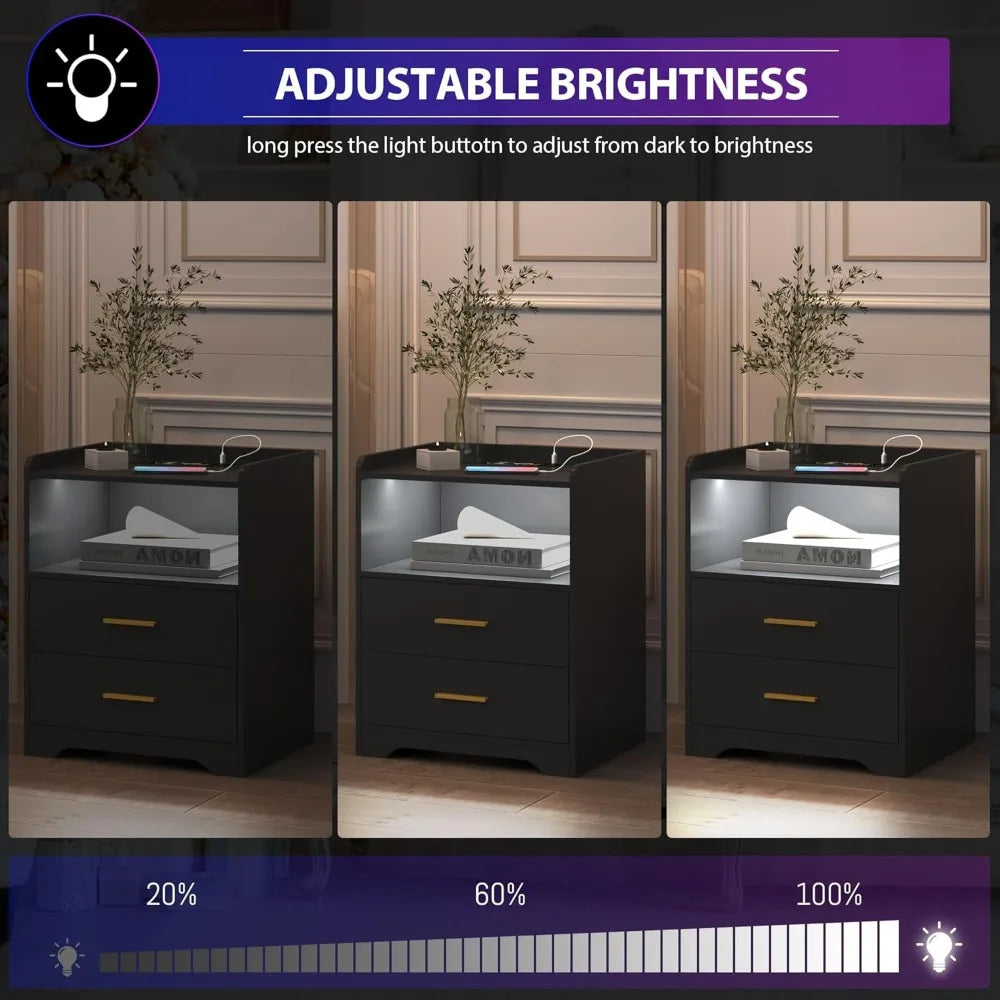 LED Nightstand with Charging Station Modern RGB Bedside Table