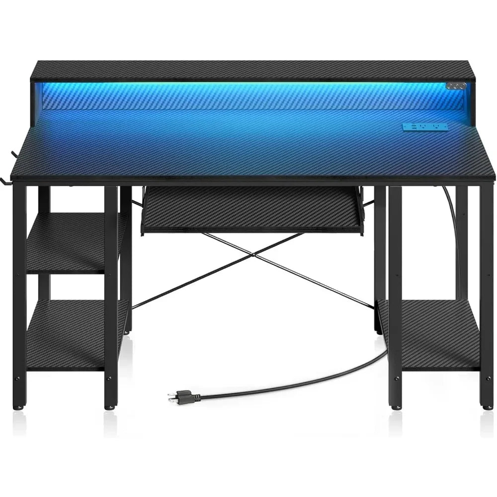 Ljustra 54" Computer Desk with LED Lights Power Outlets Gaming Desk
