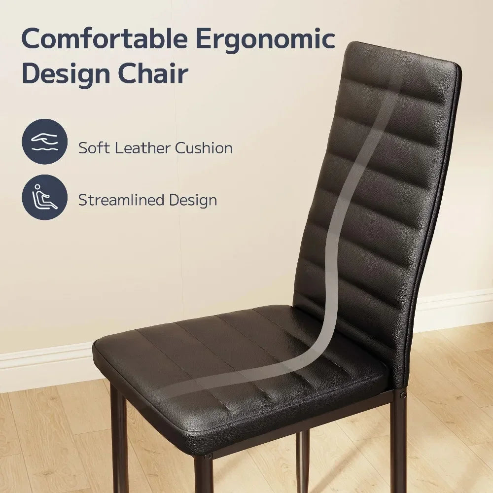 5 Piece Dining Table Set Glass Table PU Leather Chairs Black Modern