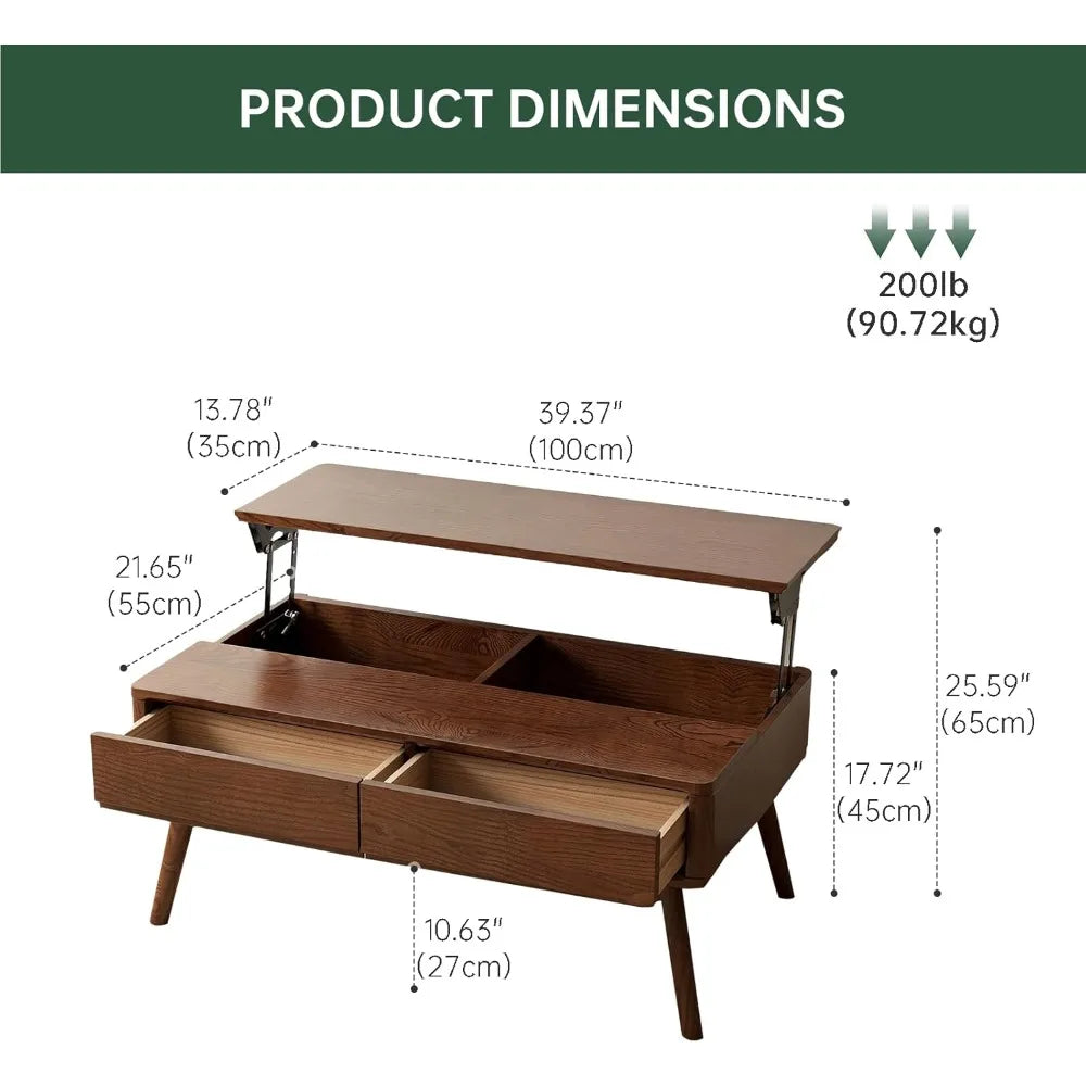 Solid Oak Lift Top Coffee Table with Storage Drawers and Compartment