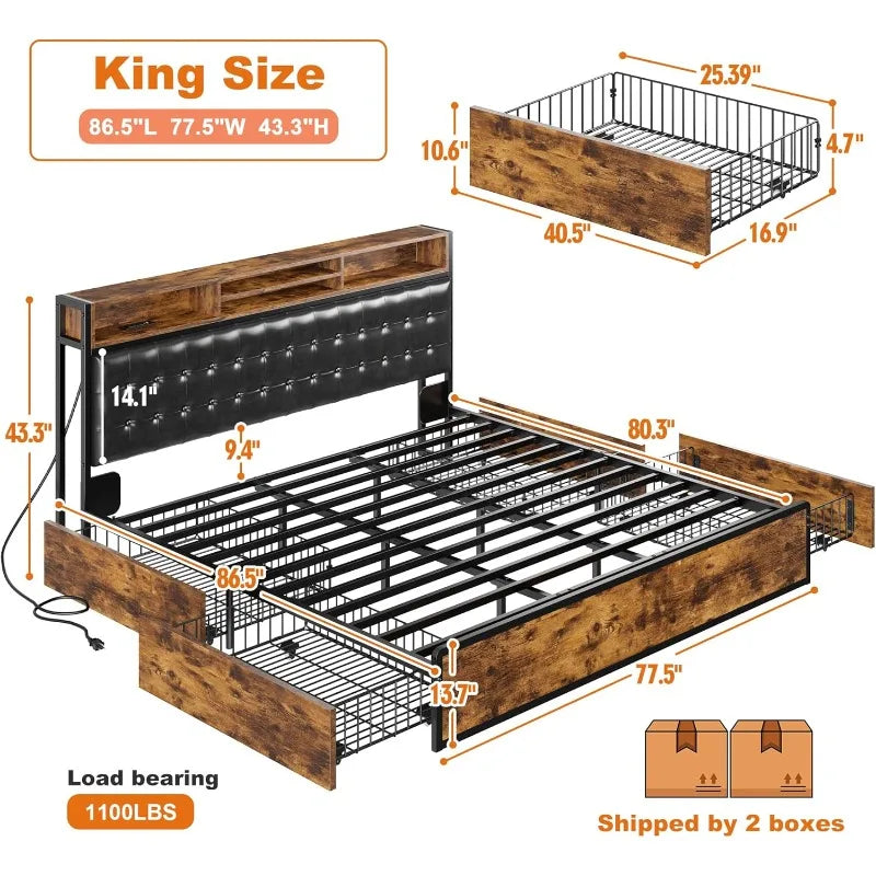 King Size Bed Frame Upholstered Charging Station No Noise Box Spring Needed