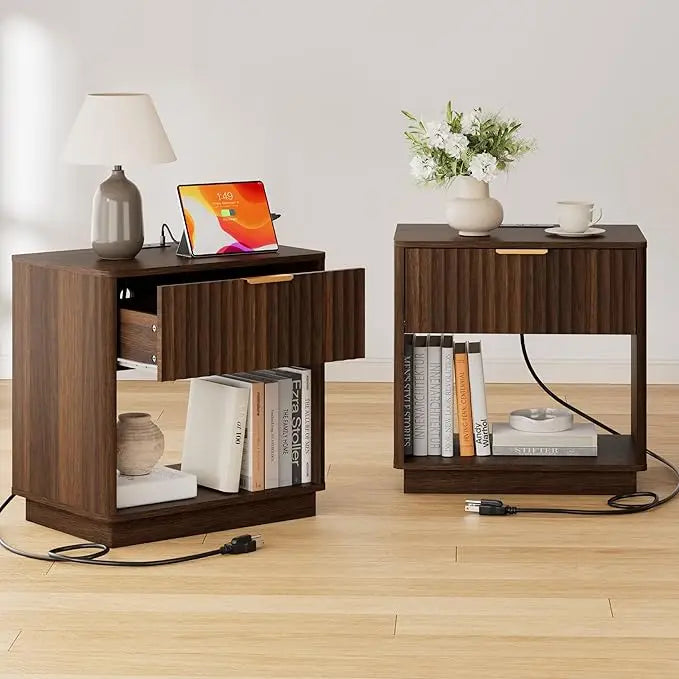 Fluted Nightstand Set of 2 with Charging Station and Faux Stone Top