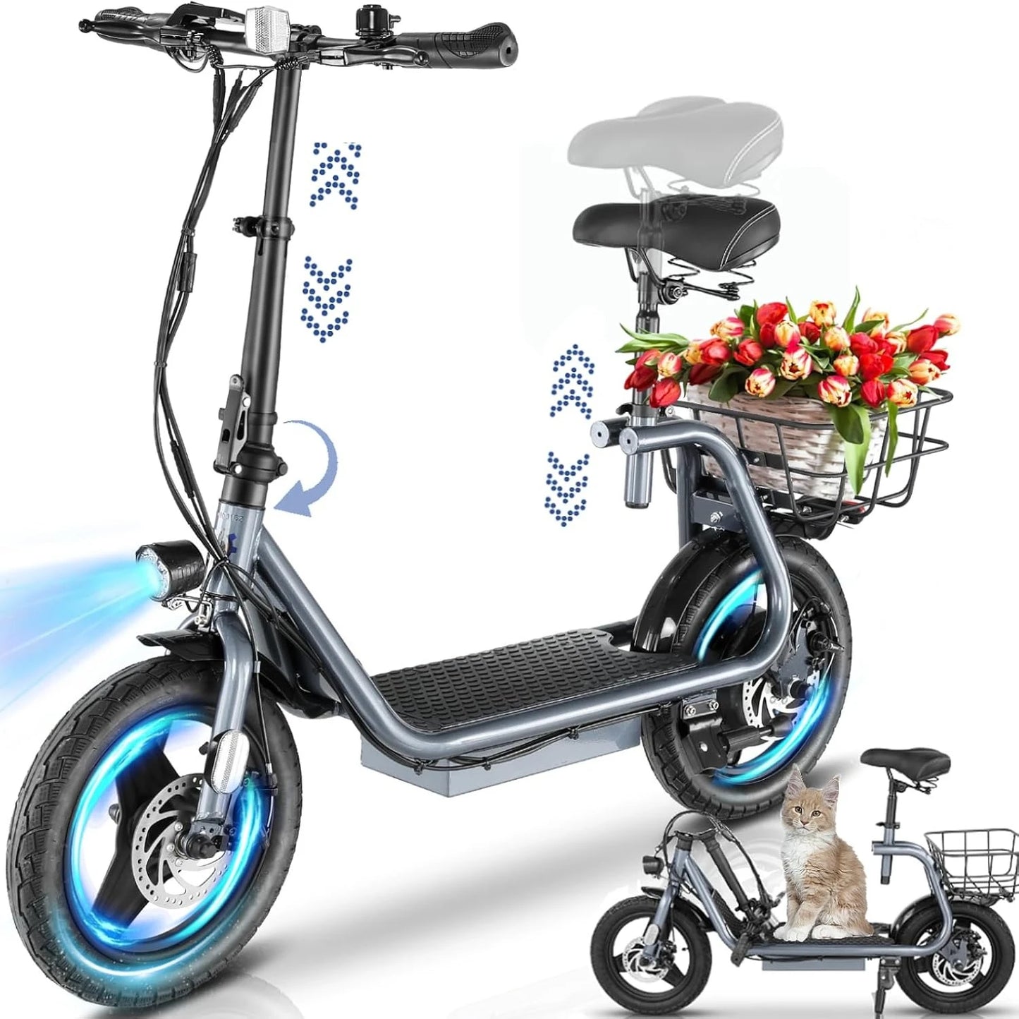 Peak 560W Electric Scooter Adults 14 Inch Tire 20MPH Foldable Seat