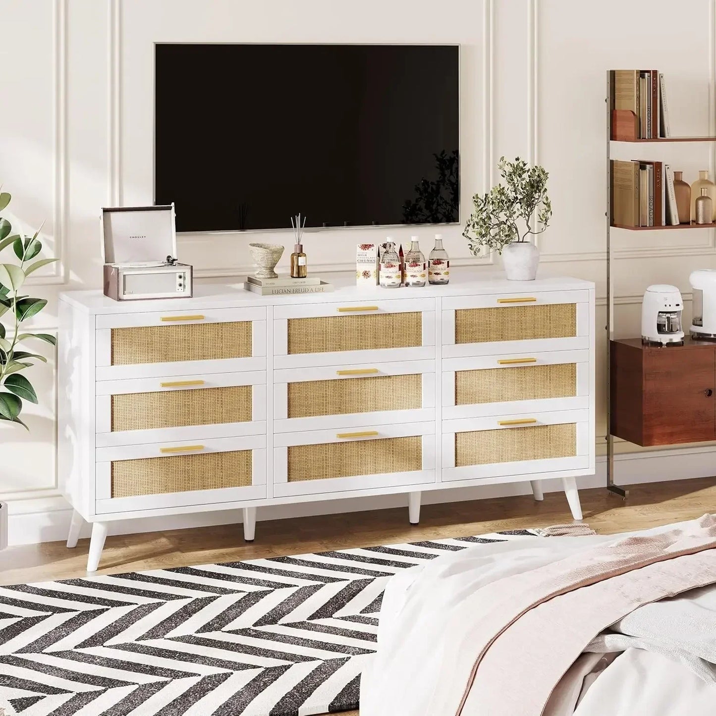 9 Drawer Double Dresser Modern Rattan Chest of Drawers Bedroom Storage