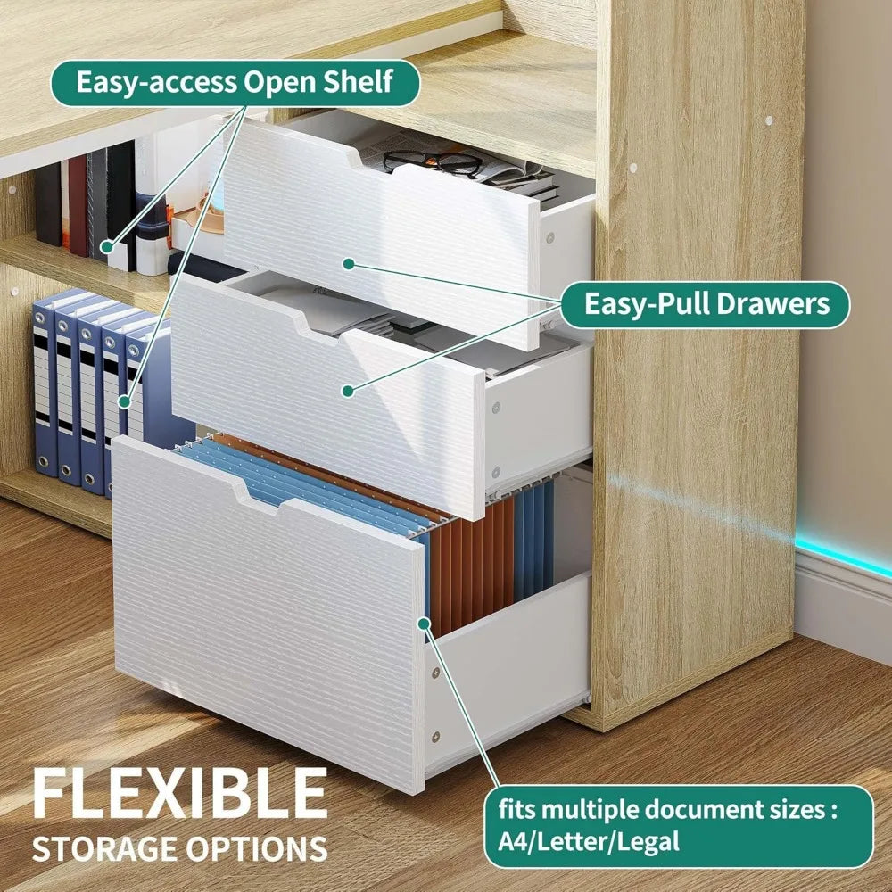 L Shaped Desk with Power Outlets LED Lights Computer Desk with Drawers