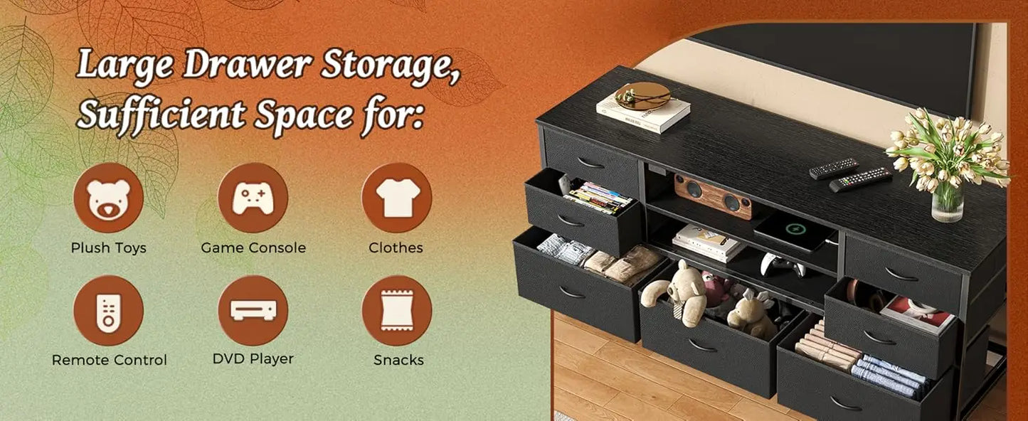 Modern TV Stand with Power Outlets LED Lights 7 Drawer Console