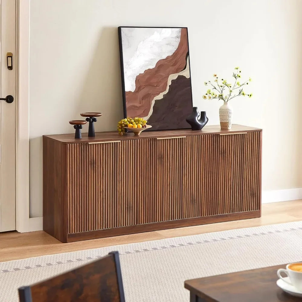 67 Inch Walnut Fluted Sideboard Buffet Cabinet with 6 Doors Storage