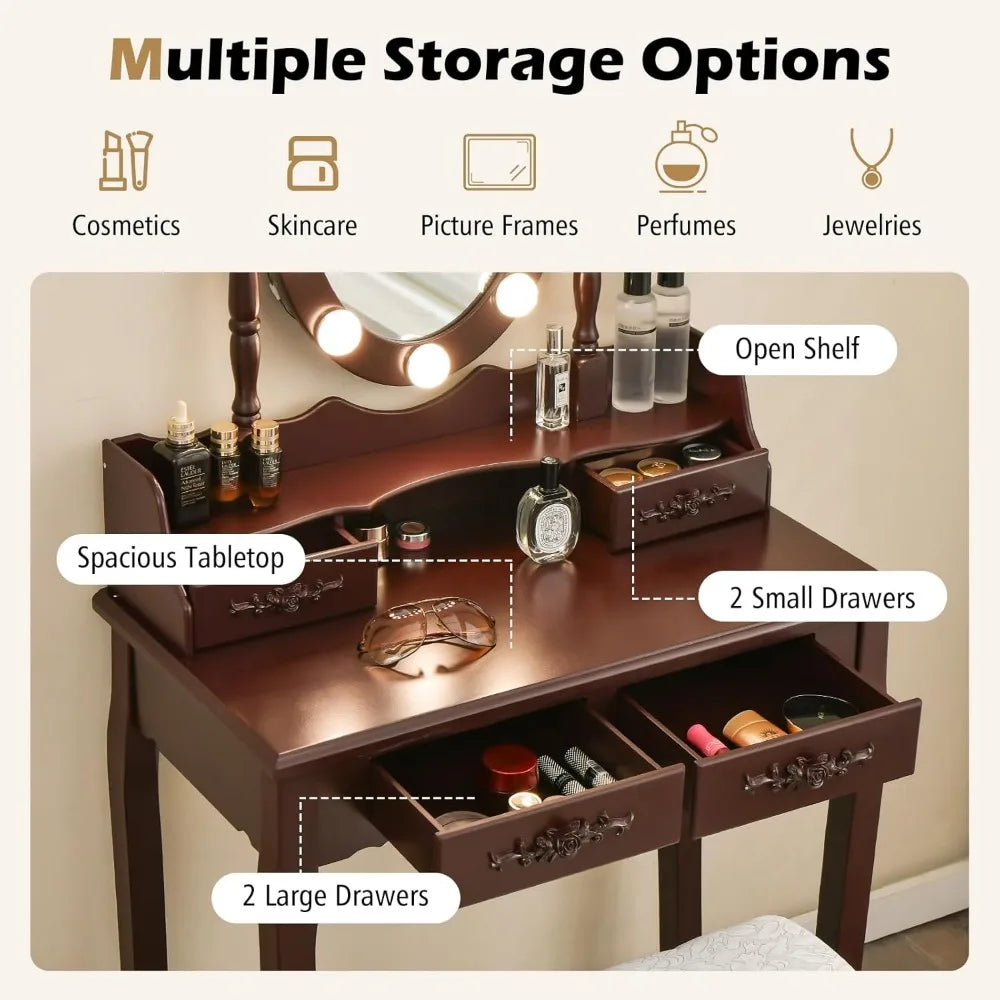 Vanity Table Set Lighted Mirror Adjustable Brightness Makeup Desk