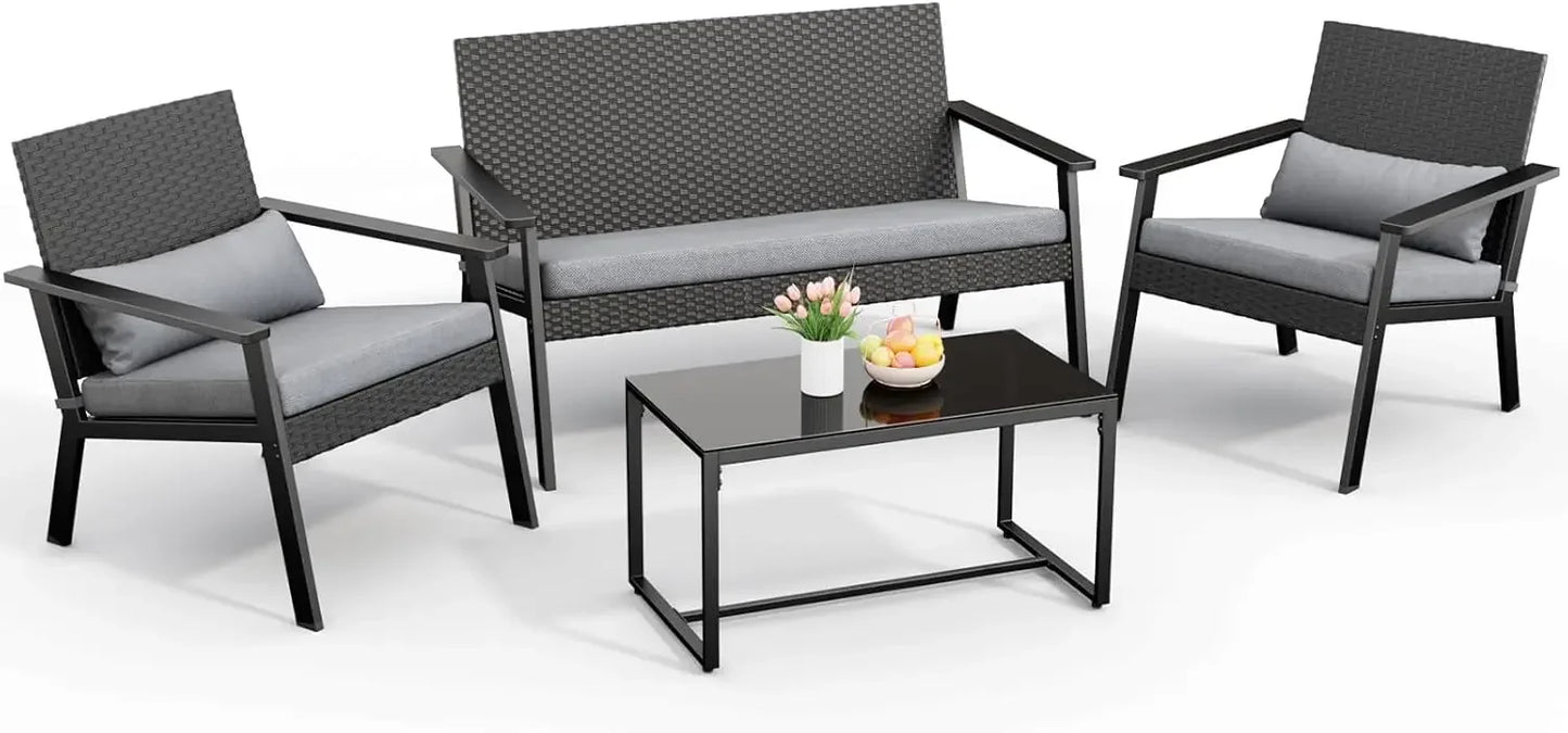 4-Piece Outdoor Wicker Patio Furniture Set with Cushions Table