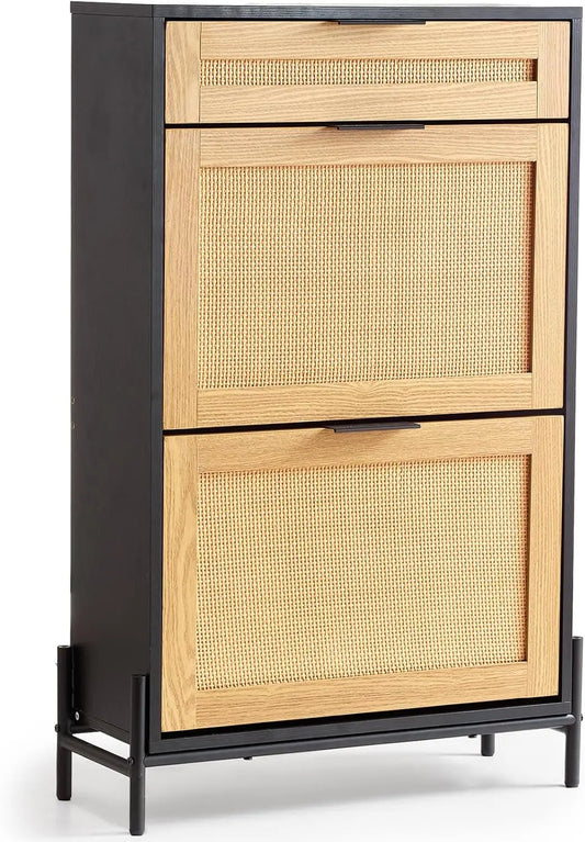 Rattan Shoe Cabinet Narrow Storage Organizer 2 Flip Drawers Metal Legs