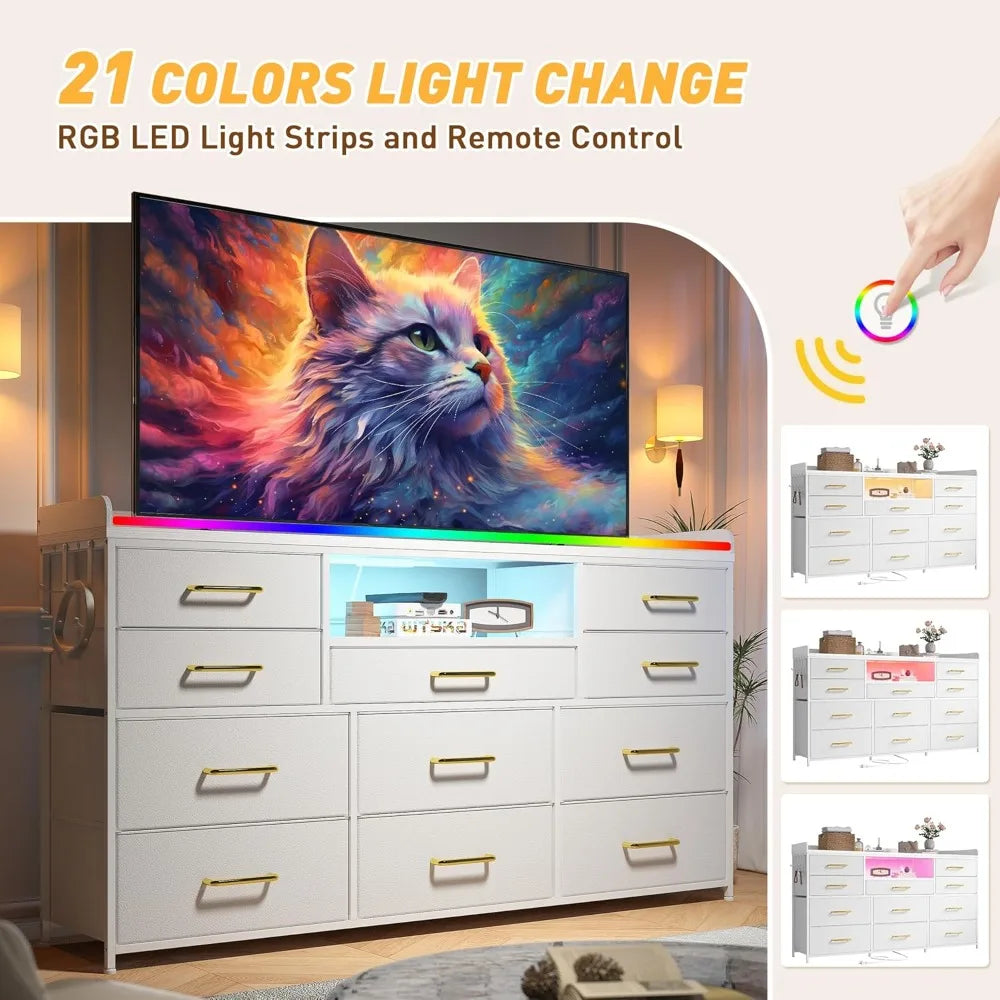Dresser with 11 Drawers LED Lights Charging Station TV Stand for Bedroom