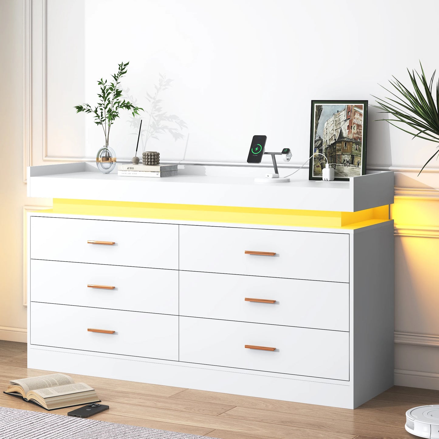 6 Drawer Dresser Modern Chest of Drawers with LED Light for Bedroom