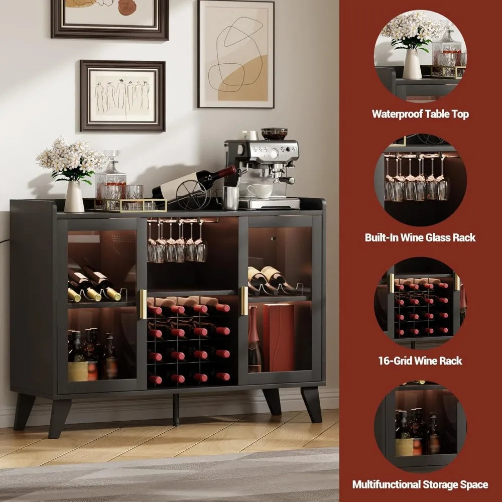 Modern Wine Bar Cabinet LED Light Coffee Liquor Storage Sideboard