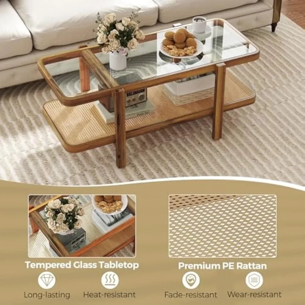 Rattan Coffee Table 47.5" Rectangle Solid Wood Tea Table with Storage