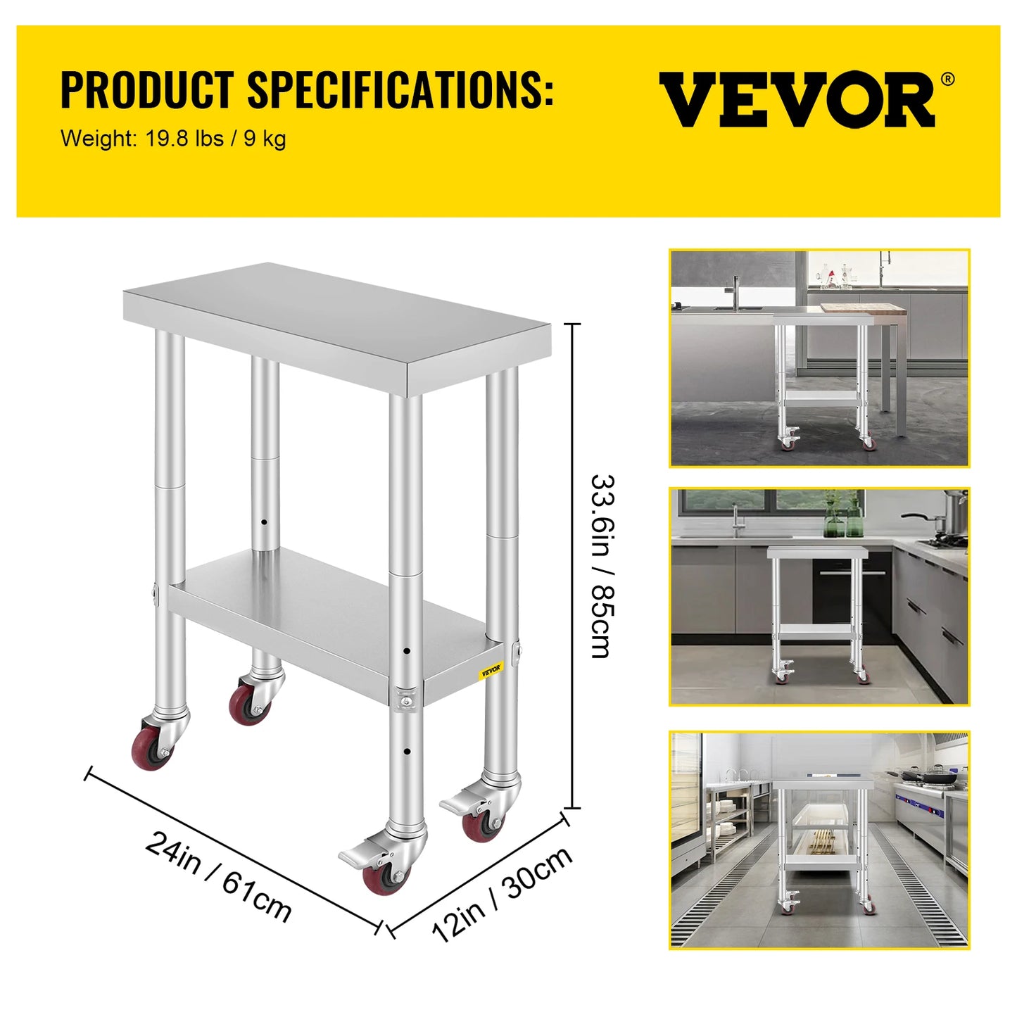 VEVOR Stainless Steel Kitchen Worktable with Caster Wheels for Storage