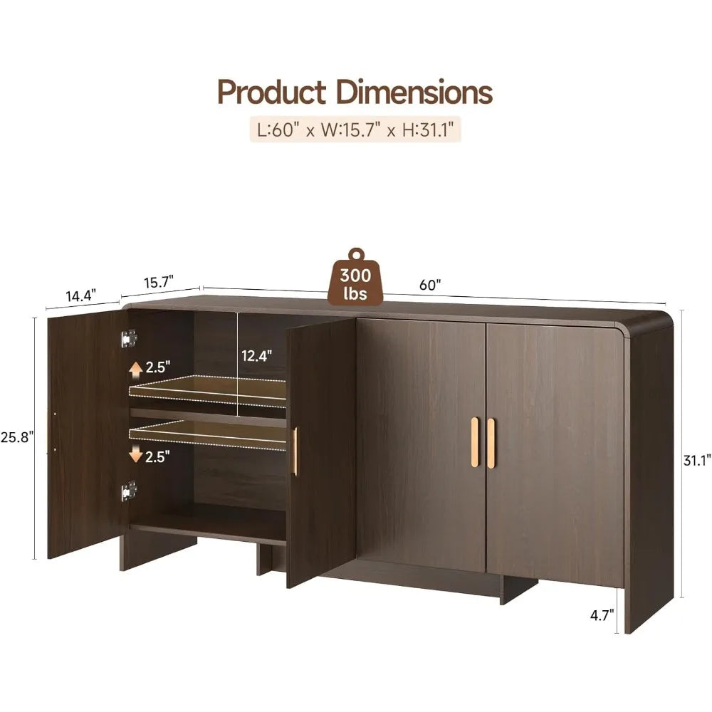60 Inch Sideboard Buffet Cabinet Curved Design Storage for Living Room
