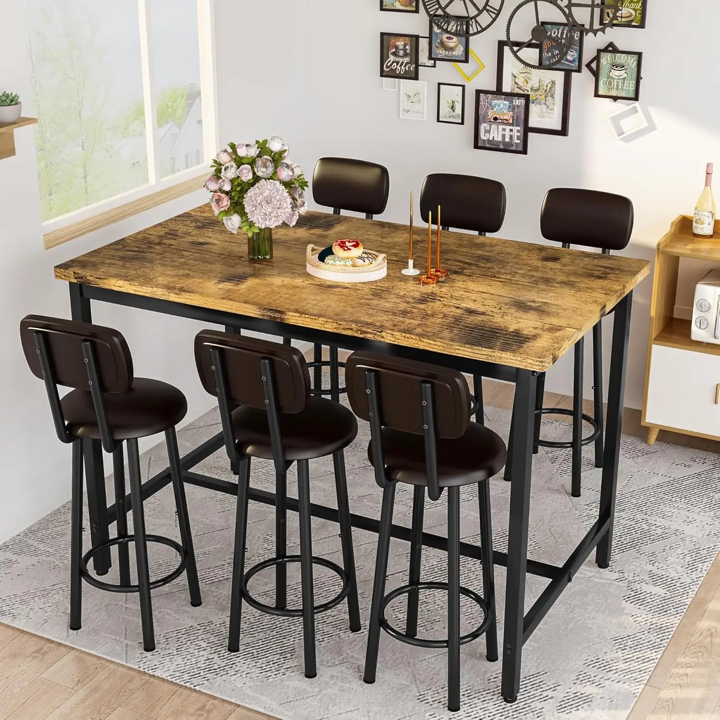 7-Piece Modern Dining Table Set with 6 PU Leather Bar Chairs
