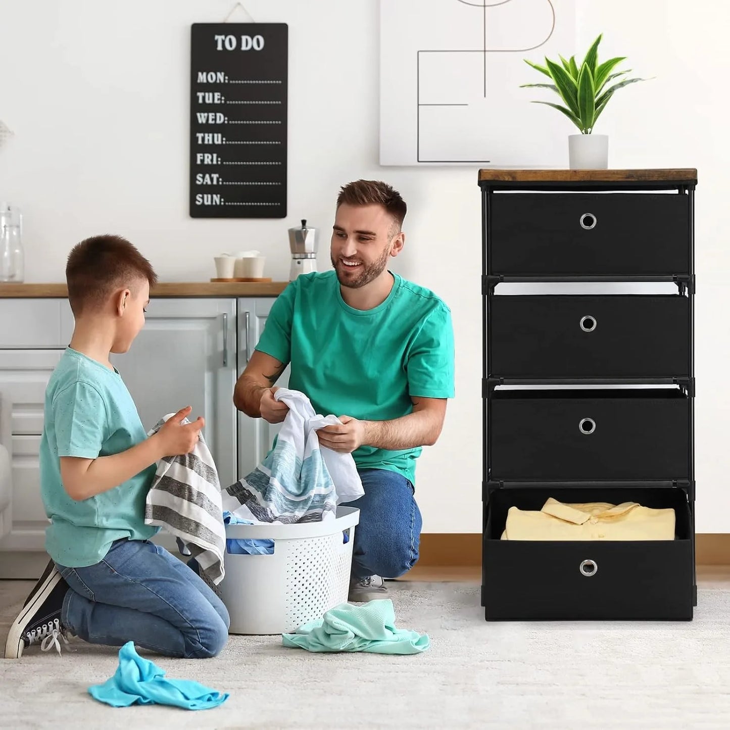 Black 4 Drawer Fabric Dresser Easy Assembly Space Saving Organizer